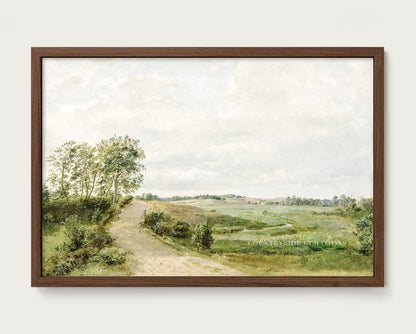 Pastoral oil painting of a countryside path with rolling hills, trees, and soft sky in a calm rural landscape.