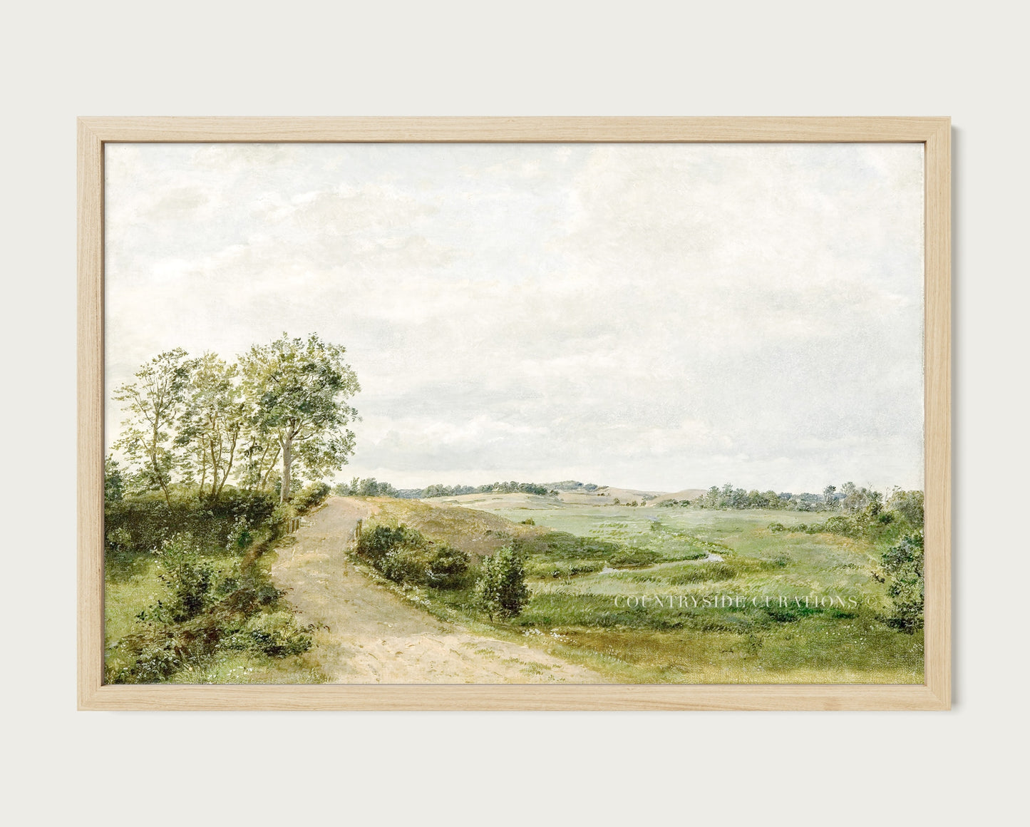 Vintage style oil painting of a winding path through open fields with greenery and distant hills under a light sky.