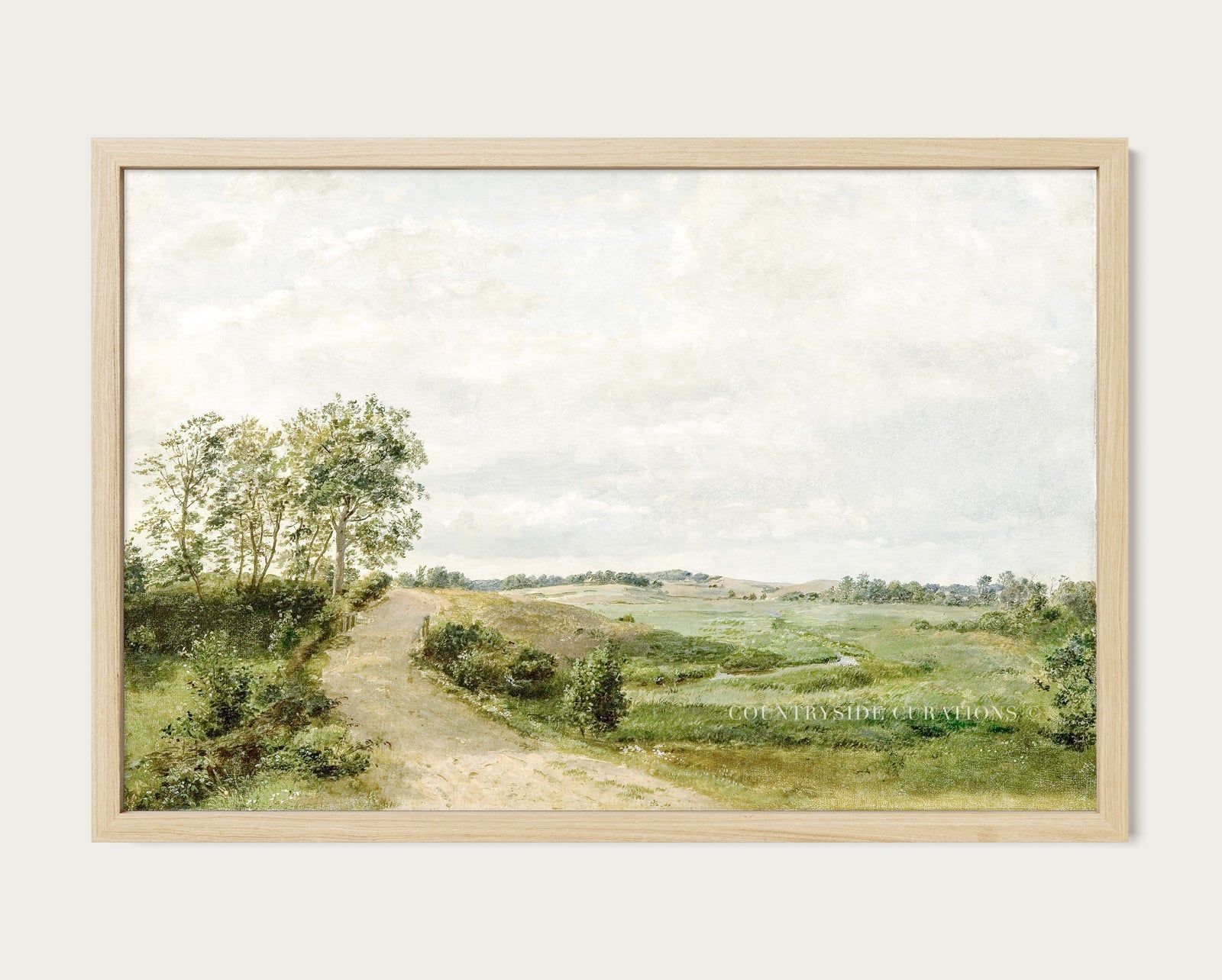 Vintage style oil painting of a winding path through open fields with greenery and distant hills under a light sky.