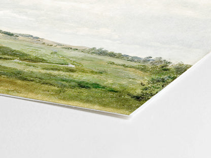 Countryside landscape oil painting featuring a dirt path, soft green fields, and trees in a peaceful rural setting.