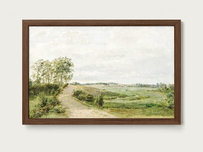 Rustic oil painting of a field path bordered by hedgerows and trees with gentle hills in the distance.