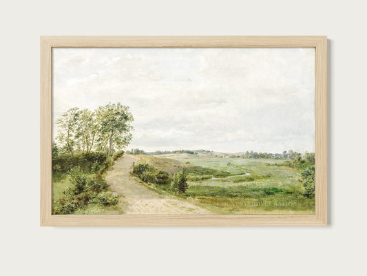 Farmhouse style landscape oil painting of a quiet rural path with greenery, trees, and open sky.