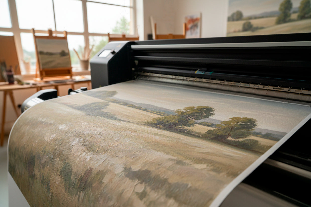 Large-format printer producing a landscape print in a room with art supplies.