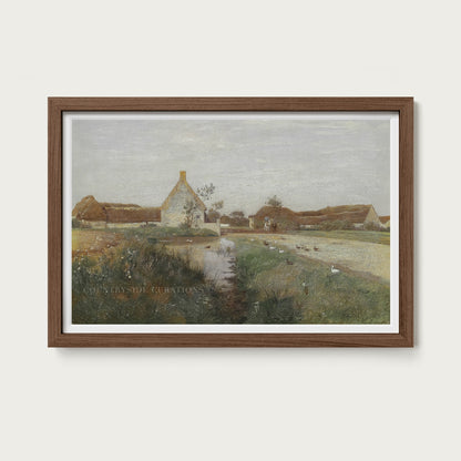 Farmhouse Landscape Pond and Ducks Oil Painting Print