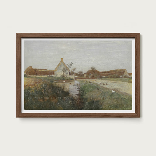 Farmhouse Landscape Pond and Ducks Oil Painting Print