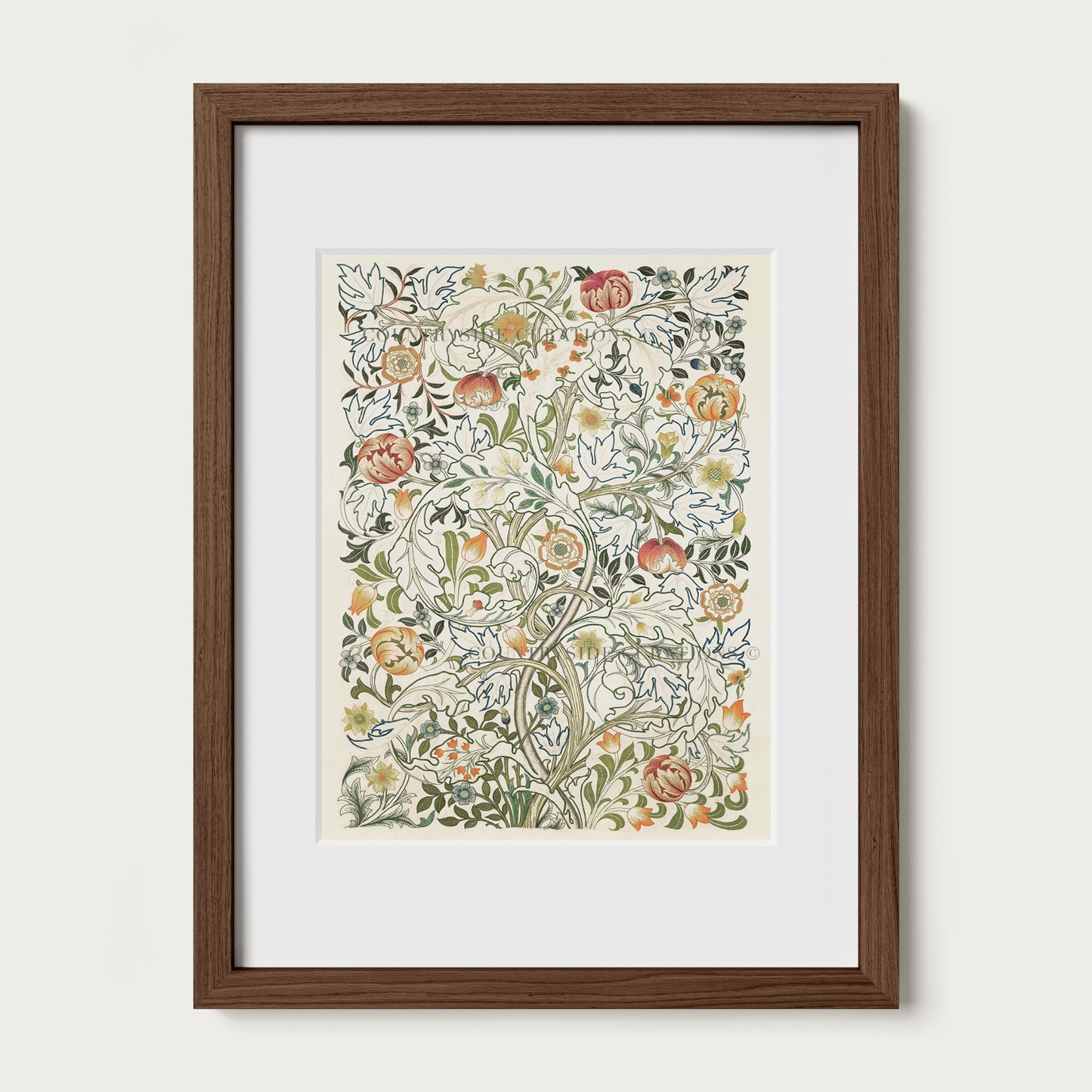 English garden tapestry style print with acanthus leaves and floral vines in a detailed vintage botanical pattern.