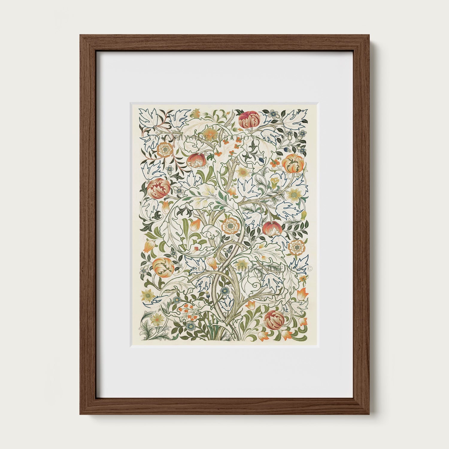 English garden tapestry style print with acanthus leaves and floral vines in a detailed vintage botanical pattern.