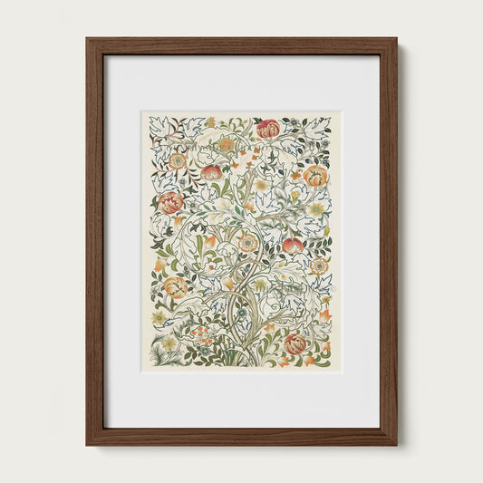 English garden tapestry style print with acanthus leaves and floral vines in a detailed vintage botanical pattern.