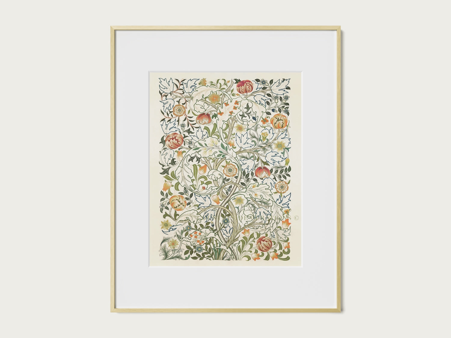 Botanical tapestry print with ornate foliage and flowers arranged in a vintage decorative pattern for interiors.