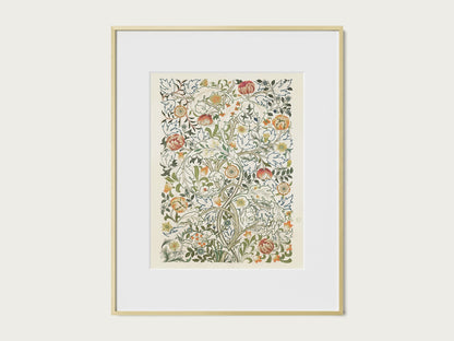 Botanical tapestry print with ornate foliage and flowers arranged in a vintage decorative pattern for interiors.