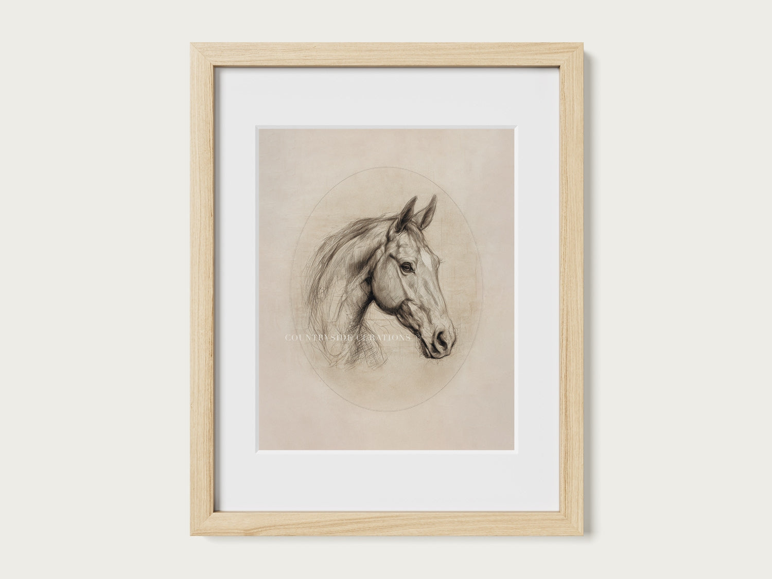 Framed drawing of a horse's head on a white wall