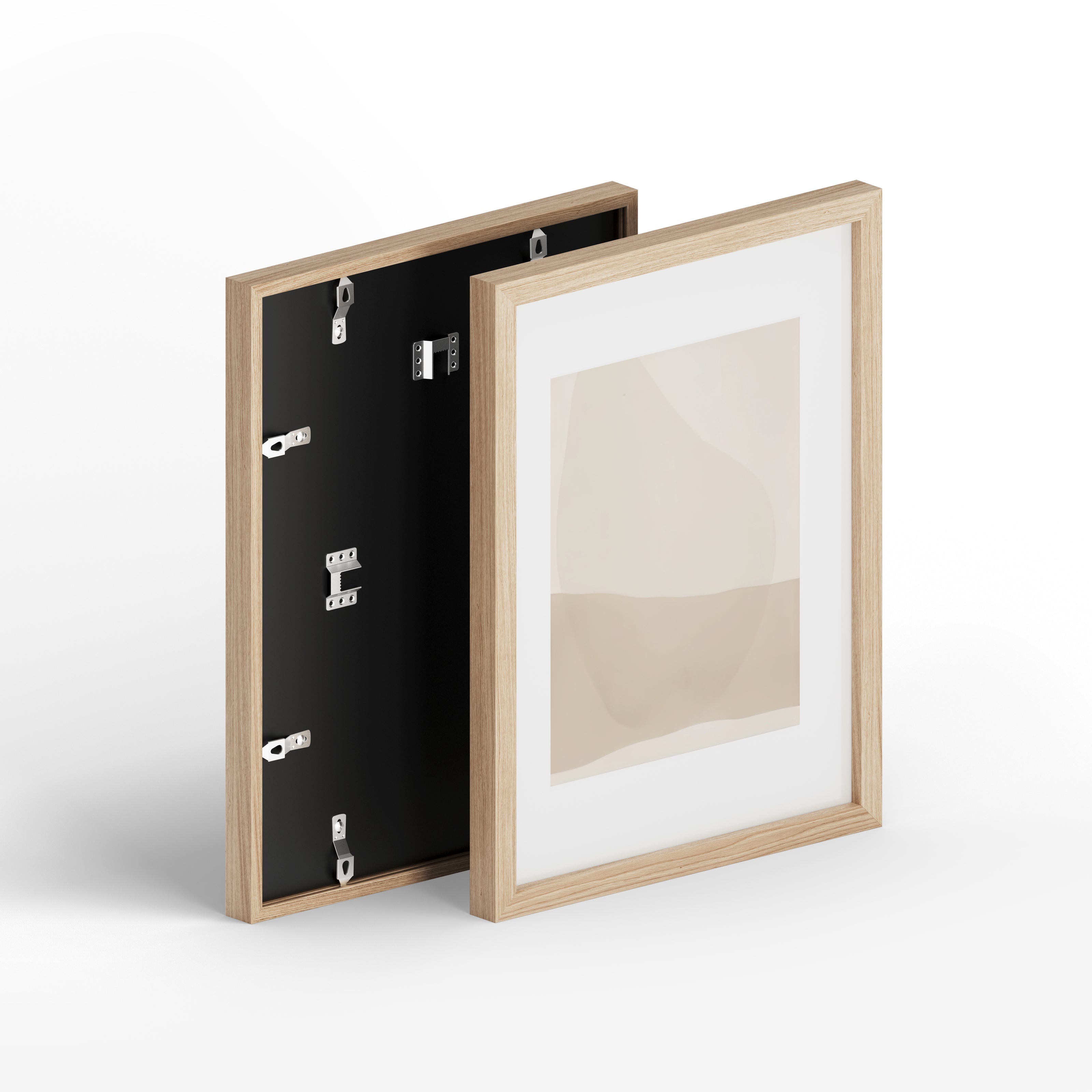 Wooden picture frame with open sides on a white background
