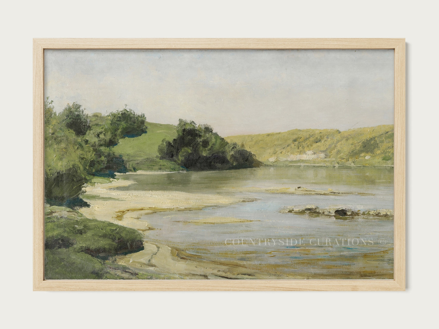 Vintage style oil painting of a riverbank with sandy shore and rolling hills under soft natural light.