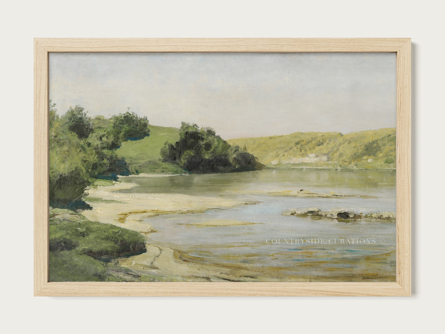 Pastoral river landscape oil painting with soft tones, shoreline detail, and trees along the water.