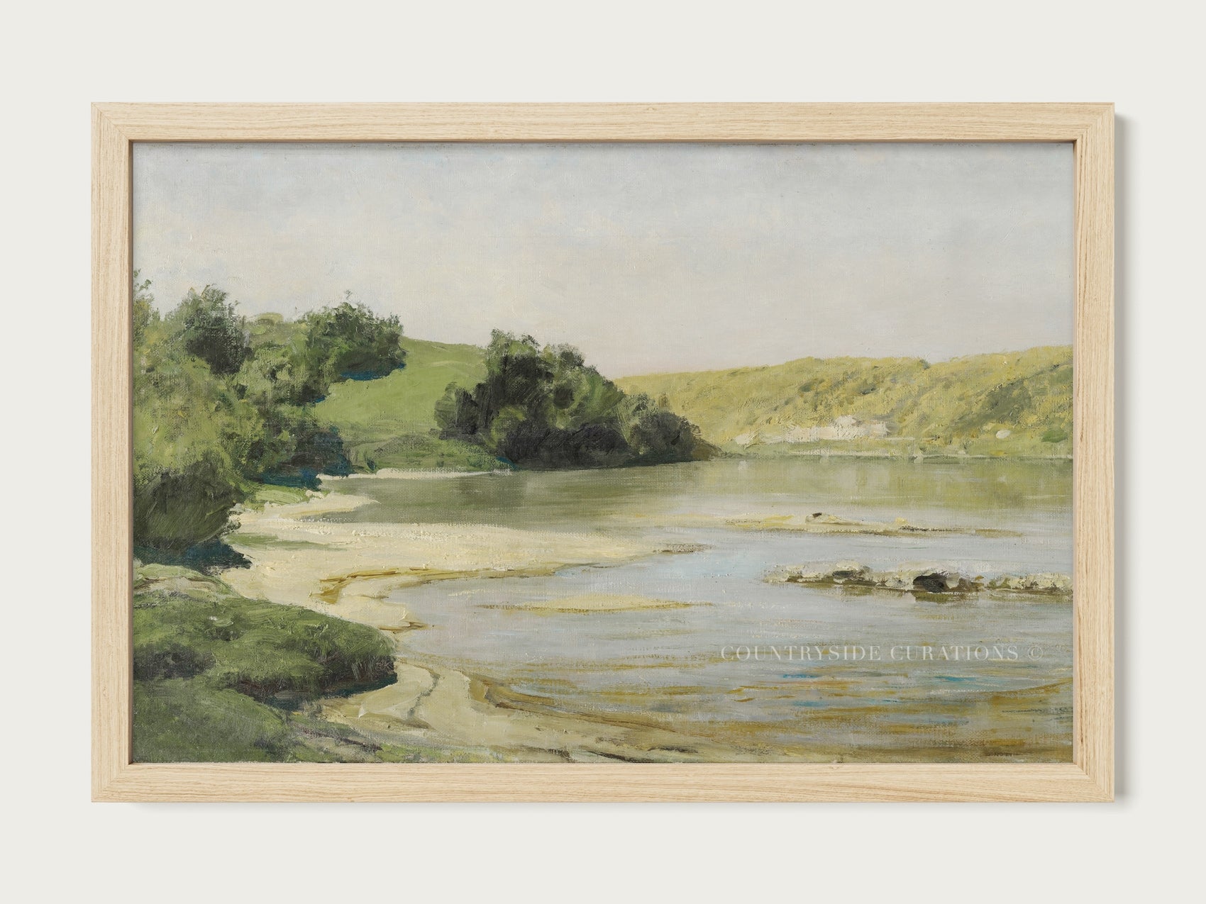 Pastoral river landscape oil painting with soft tones, shoreline detail, and trees along the water.