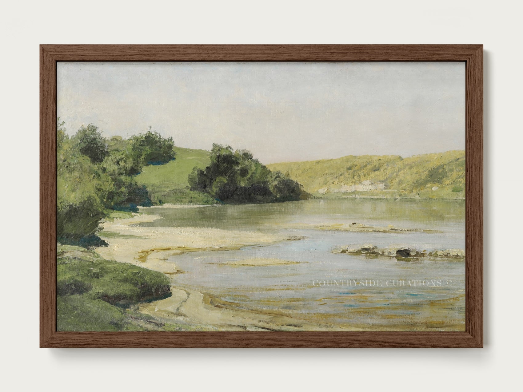 Farmhouse style oil painting of a quiet river with sandy banks and gentle hills in a natural setting.