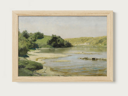 Traditional river landscape oil painting with soft brushwork, calm water, and earthy countryside tones.