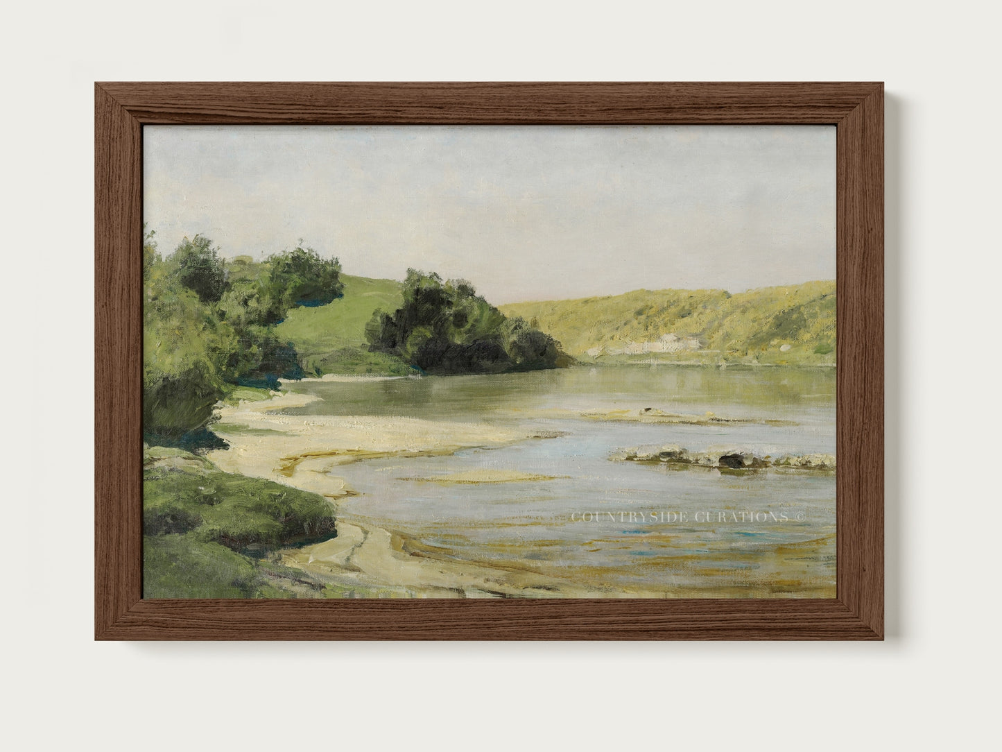 Oil painting of a calm river landscape with sandy shoreline, green hills, and soft sky in a peaceful western countryside setting.