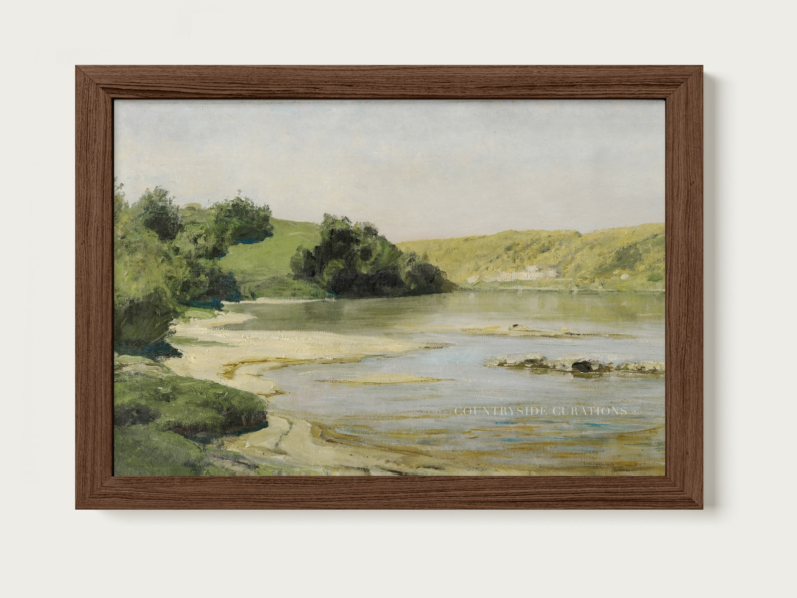 Oil painting of a calm river landscape with sandy shoreline, green hills, and soft sky in a peaceful western countryside setting.