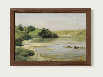 Oil painting of a calm river landscape with sandy shoreline, green hills, and soft sky in a peaceful western countryside setting.