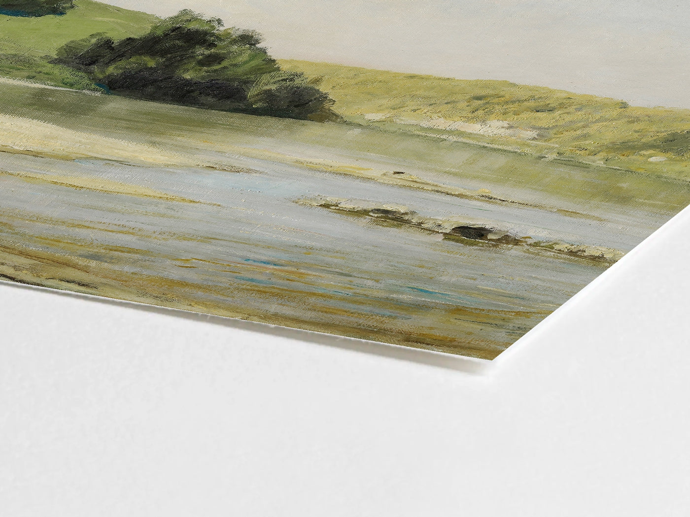 Oil painting of a calm river landscape with sandy shoreline, green hills, and soft sky in a peaceful countryside setting.