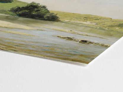 Oil painting of a calm river landscape with sandy shoreline, green hills, and soft sky in a peaceful countryside setting.