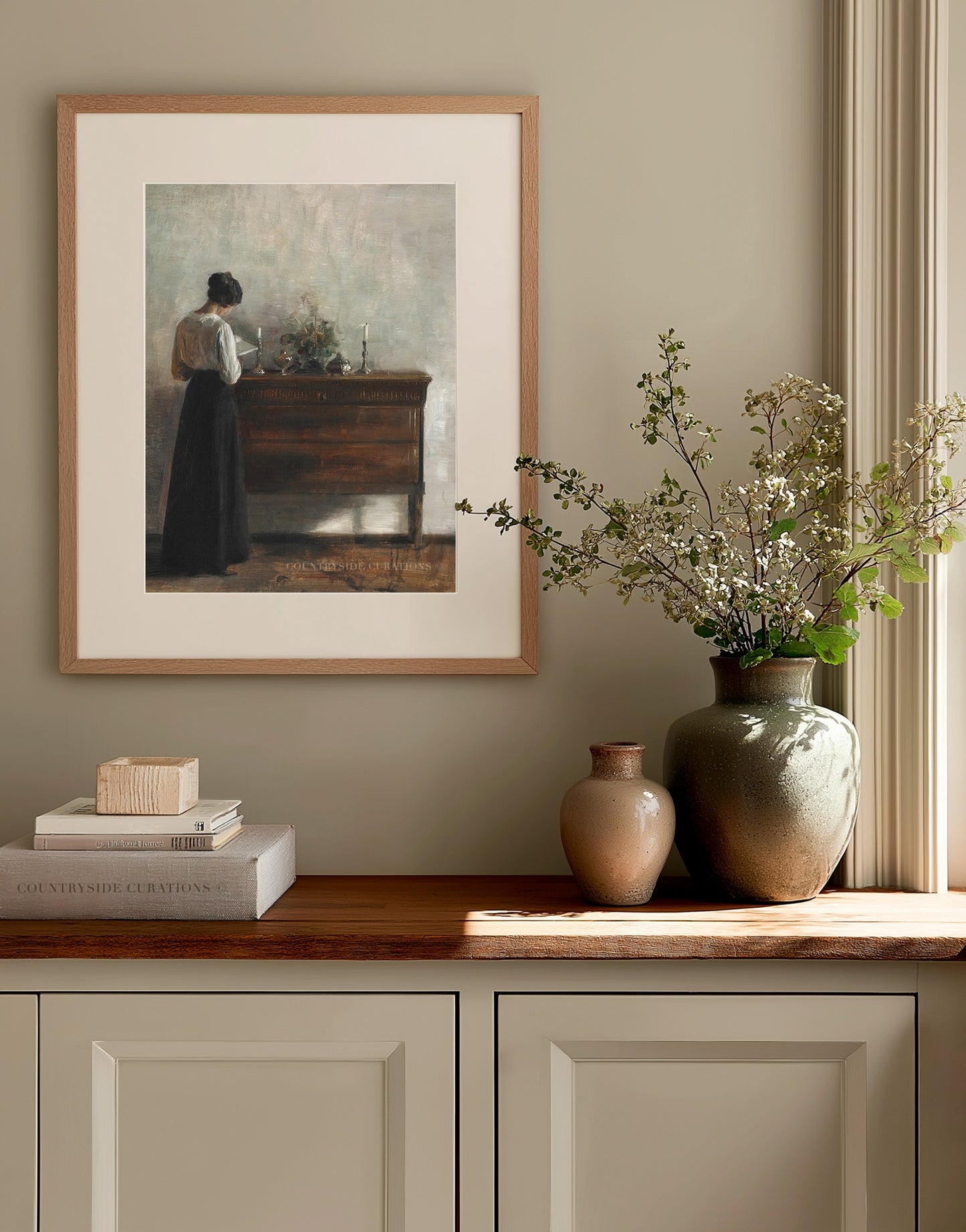 Framed vintage artwork on a wall above a wooden cabinet with decorative items.