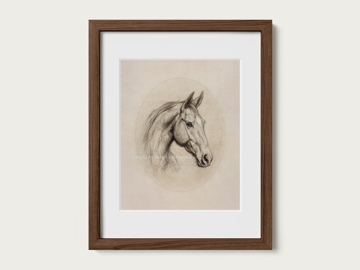 Antique style horse sketch print showing detailed facial features and soft shading in a refined study.
