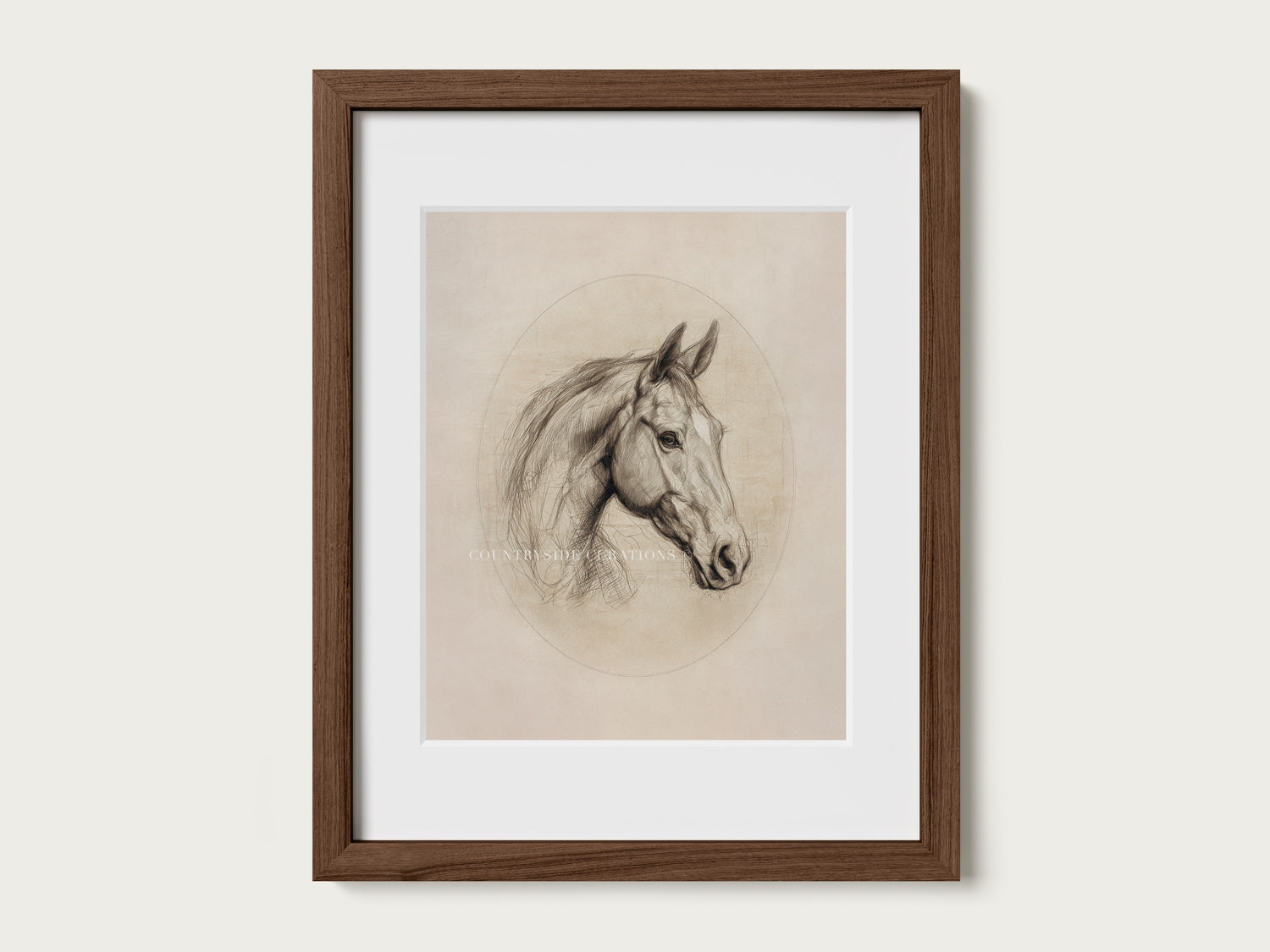 Antique style horse sketch print showing detailed facial features and soft shading in a refined study.