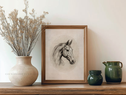 Pencil drawing of a horse head in an oval composition with subtle tones and classic equestrian style.