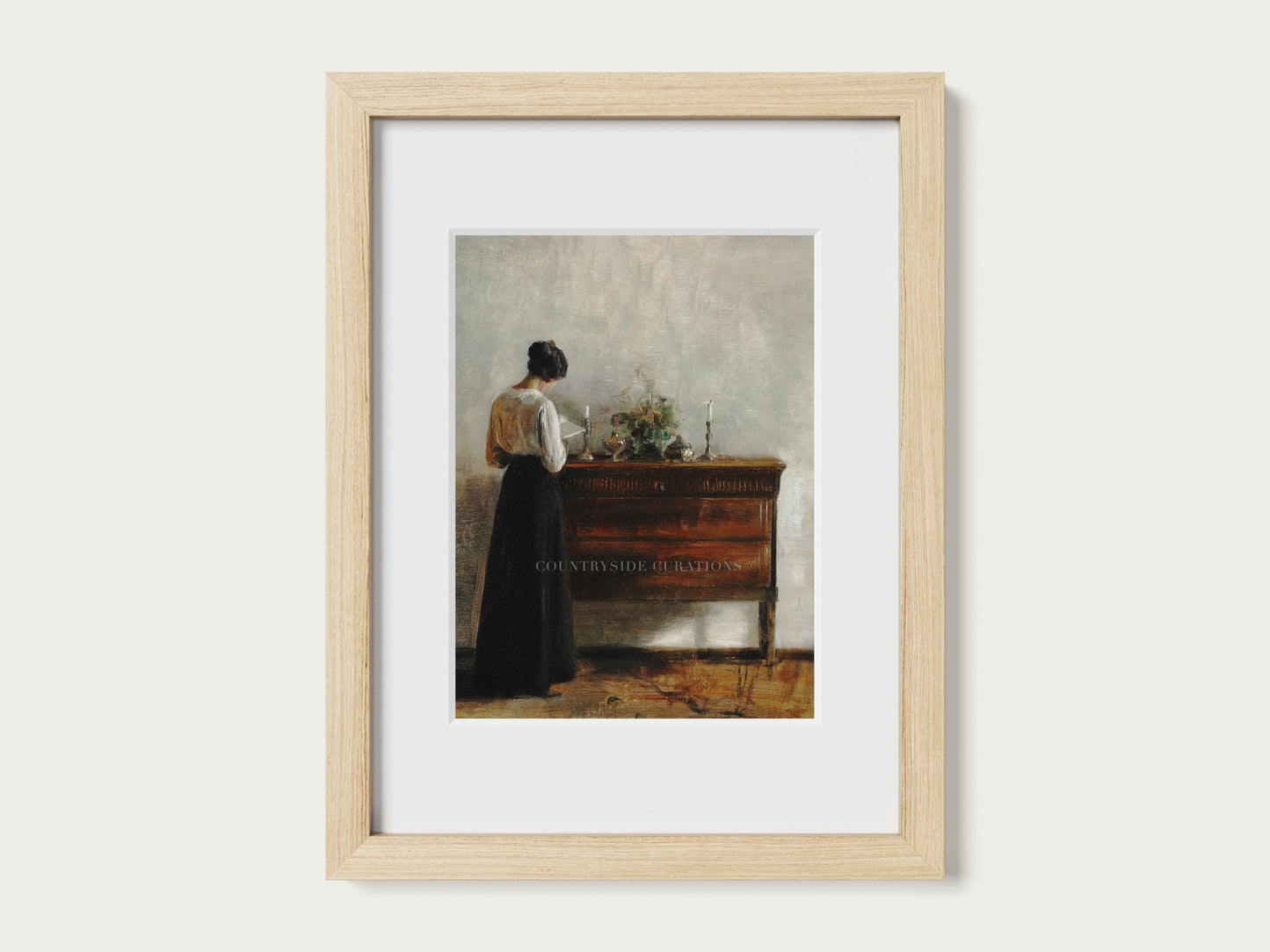 Vintage oil painting of a woman reading at a wooden table with candles and soft muted interior tones.
