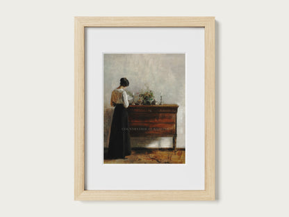 Vintage oil painting of a woman reading at a wooden table with candles and soft muted interior tones.