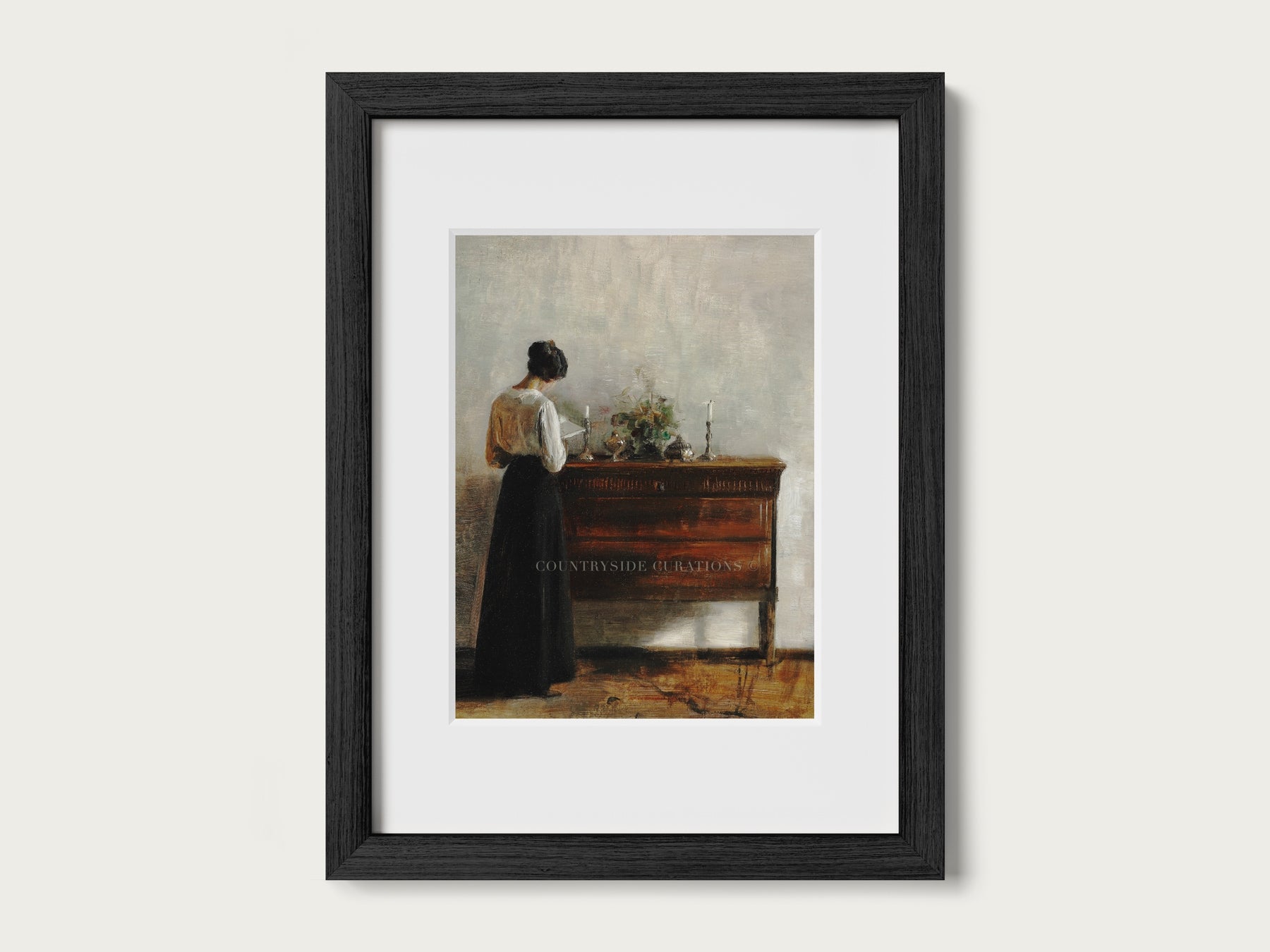 Moody interior oil painting of a woman standing at a console table with floral arrangement and candlelight.