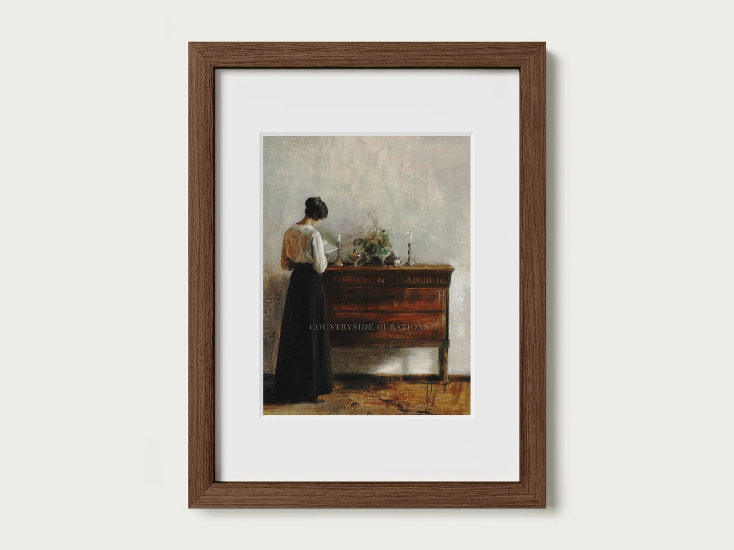 Vintage style oil painting showing a woman reading beside candles and flowers in a calm indoor scene.