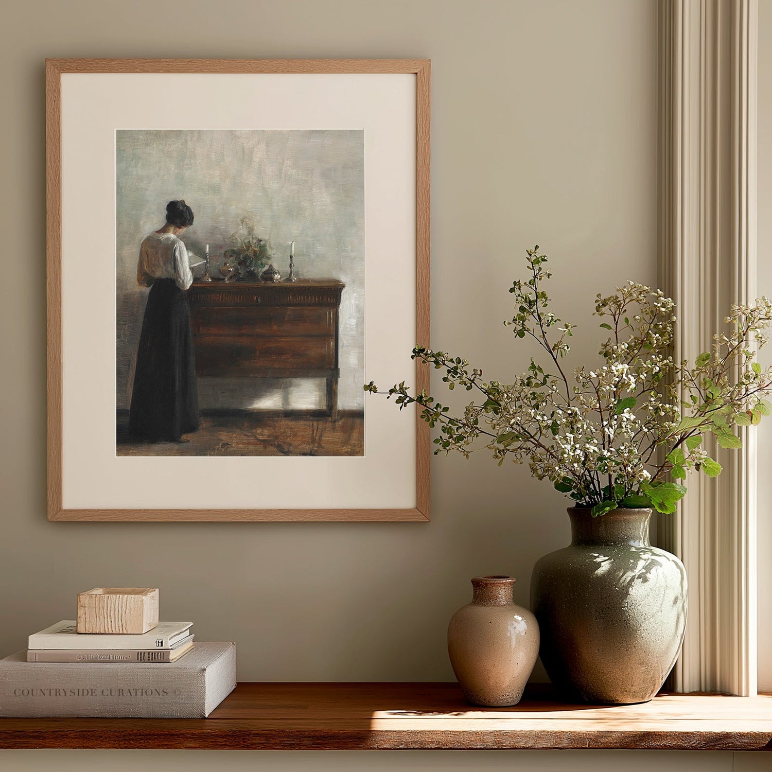 Classic interior oil painting of a woman in a long dress reading at a wooden console with soft shadows.