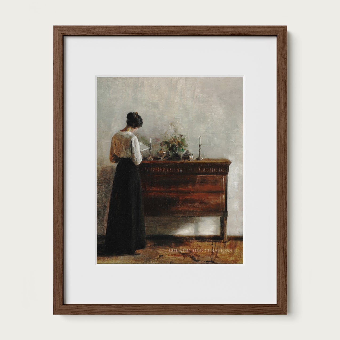 Nostalgic oil painting of a woman at a wooden table with soft lighting and simple interior setting.