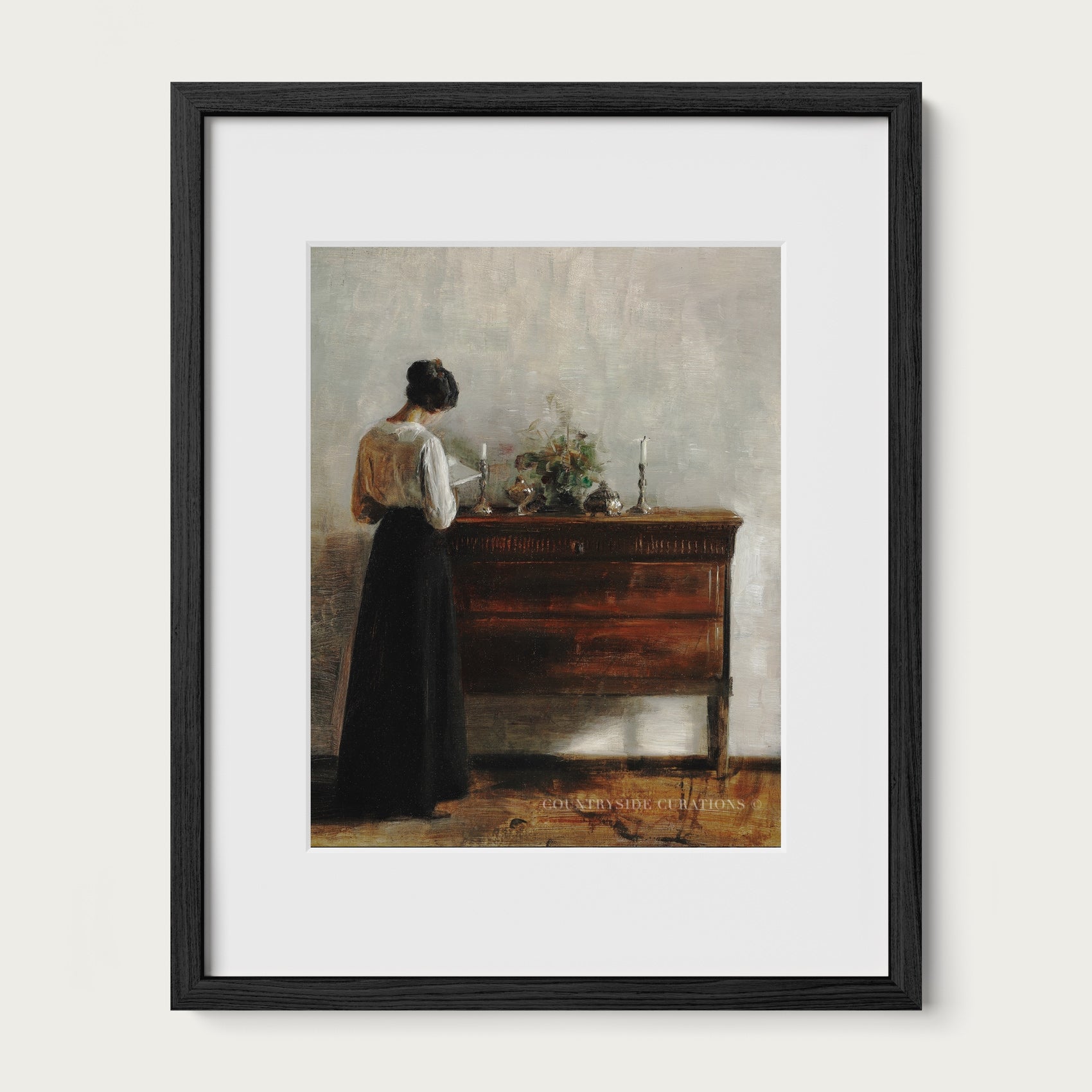 Moody interior oil painting of a woman standing at a console table with floral arrangement and candlelight.