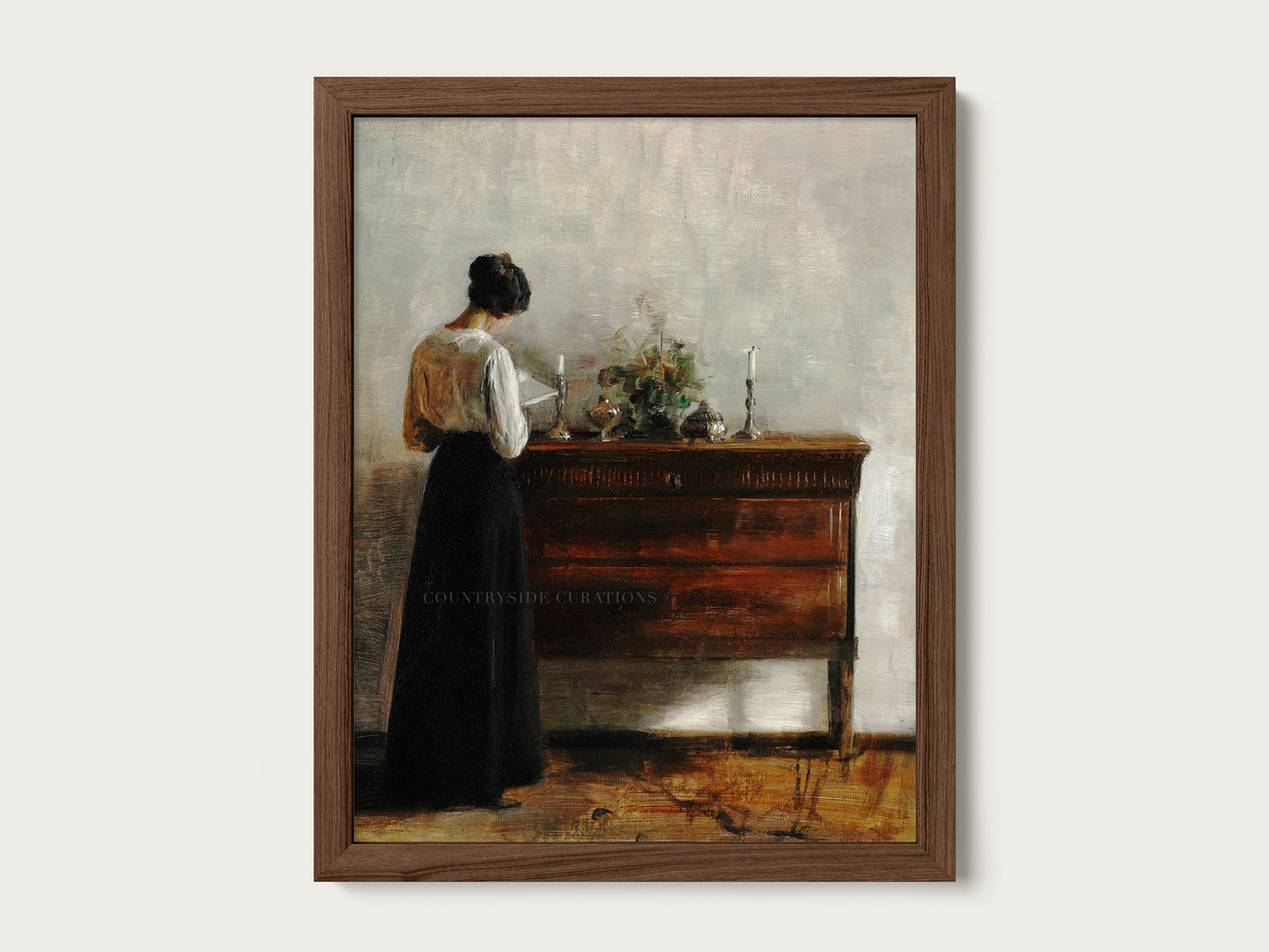 Classic interior oil painting of a woman in a long dress reading at a wooden console with soft shadows by candelight.