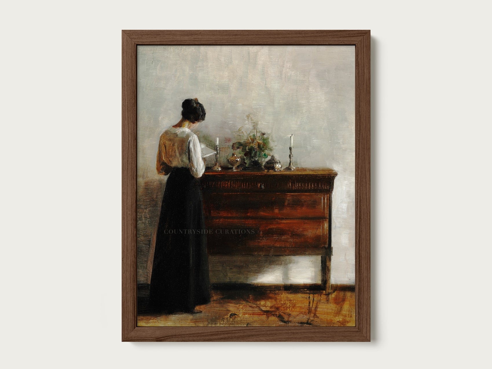 Classic interior oil painting of a woman in a long dress reading at a wooden console with soft shadows by candelight.