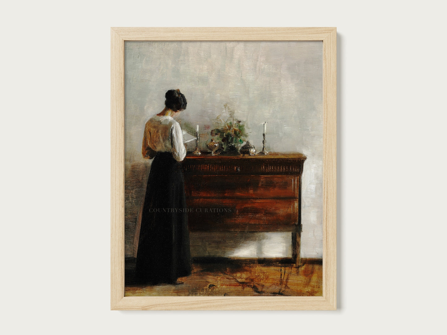 Nostalgic oil painting of a woman reading at a wooden console with soft lighting and simple interior setting.